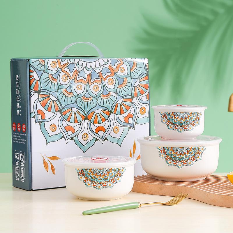 

Bohemian ceramic bowl fresh-keeping bowl three-piece bento box opening gift jewelry