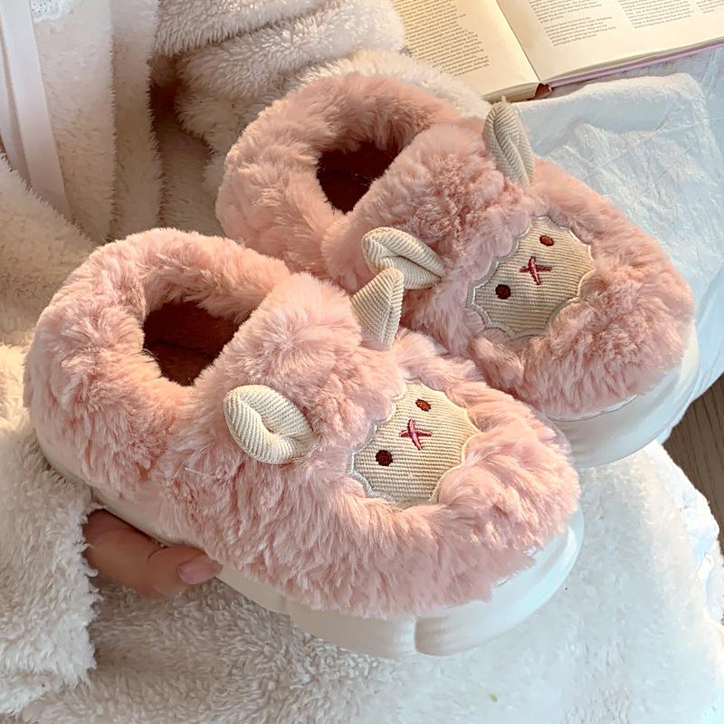Women's Cozy Cartoon Lamb Slippers - Thick-Sole Indoor Cotton Fur Shoes for Autumn and Winter