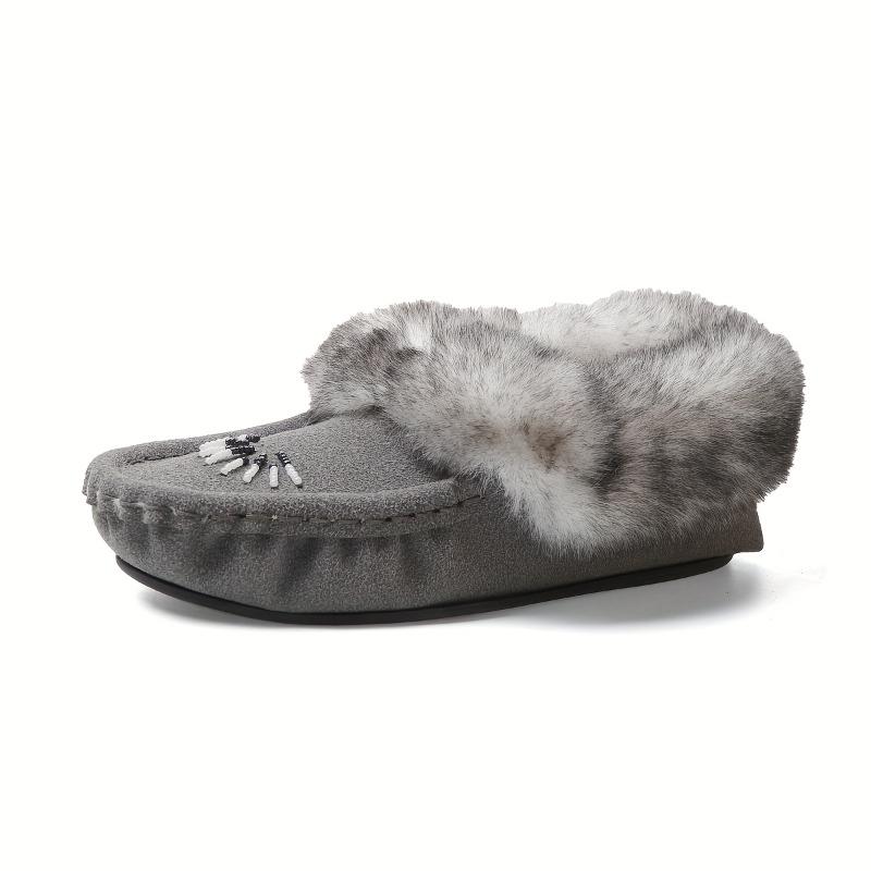 Women's Faux Fur Slippers - All-Season Cozy Moccasins with Petal & Leaf-like Embellishment, Soft TPR Sole & Faux Cover-like Upper, Beige