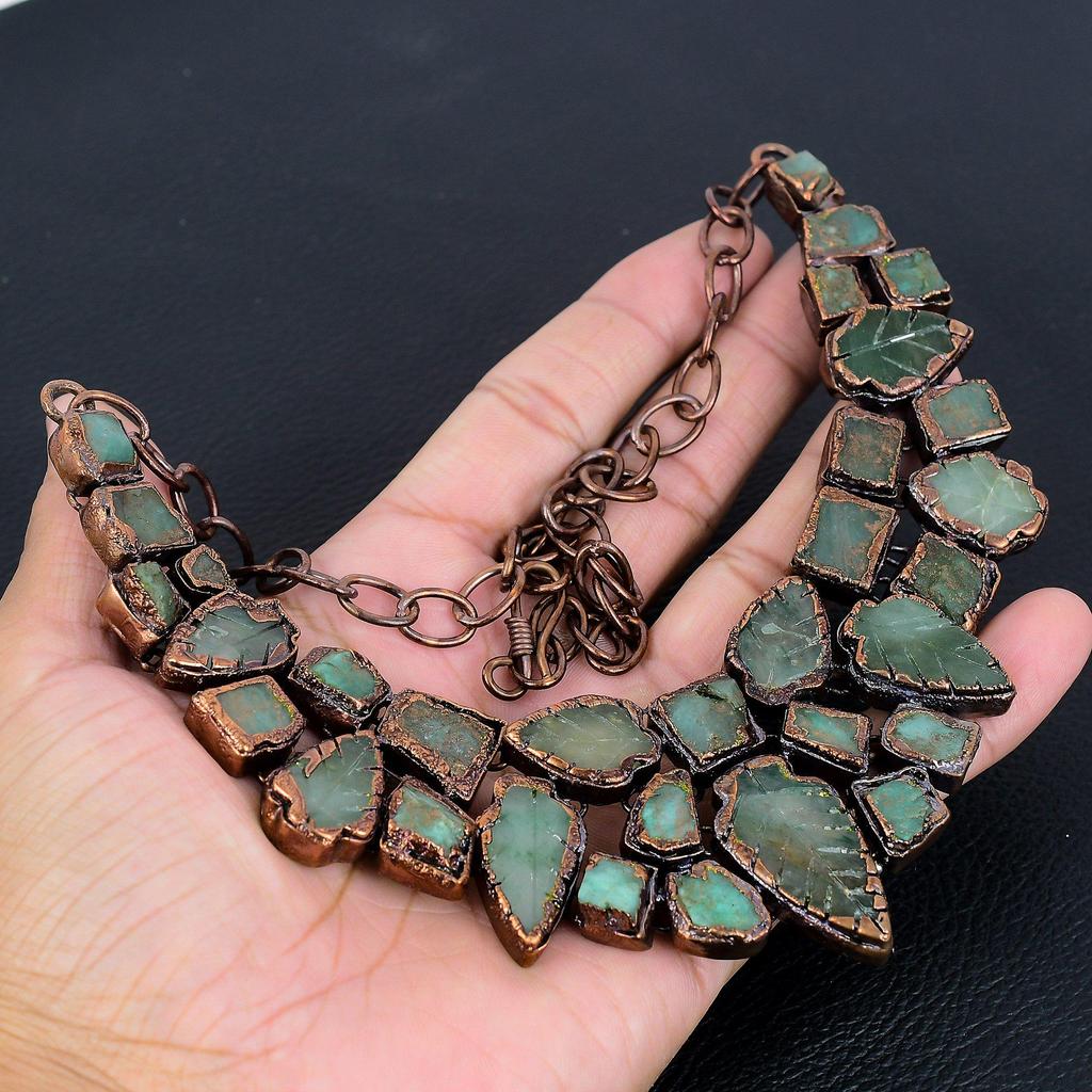 Carved Leaf Green Onyx Gemstone Necklace, Copper Electroformed Handmade Designer Necklace Jewelry, Adjustable Chain Necklace Gift For Women