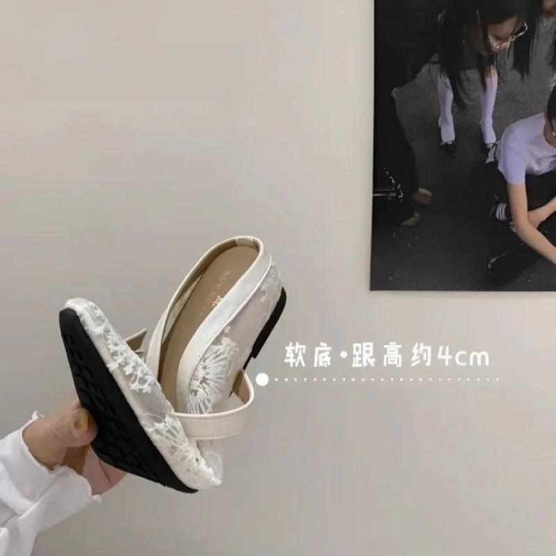Women's Lace Mesh Slippers 35-40 New Breathable Baotou Xiao Xiangfeng Pointed Head Within The High Cool Temperament Fairy Shoes