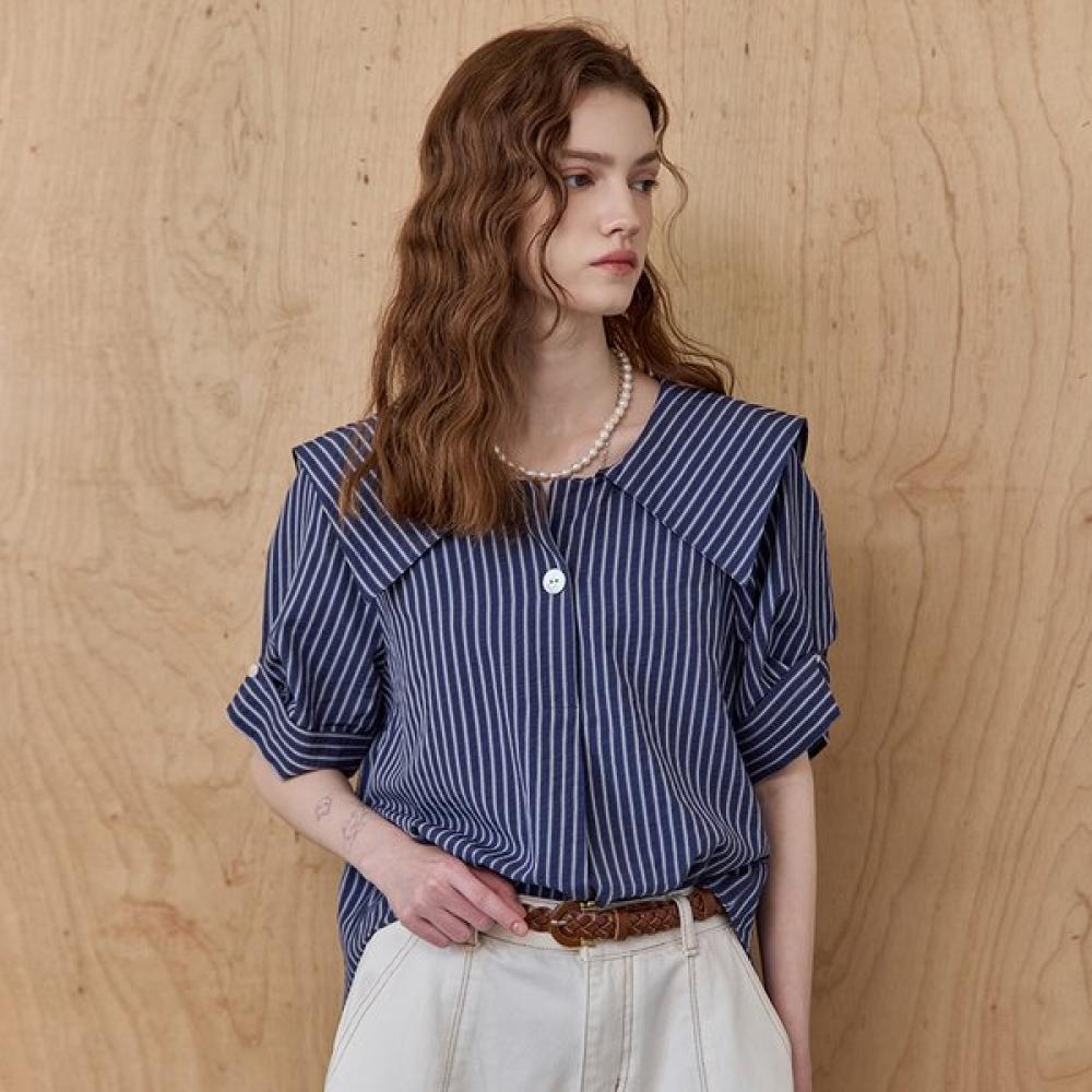 Maxza Seersucker Stripe Sailor Collar Blouse Ze07qb039nh Braun/FREE