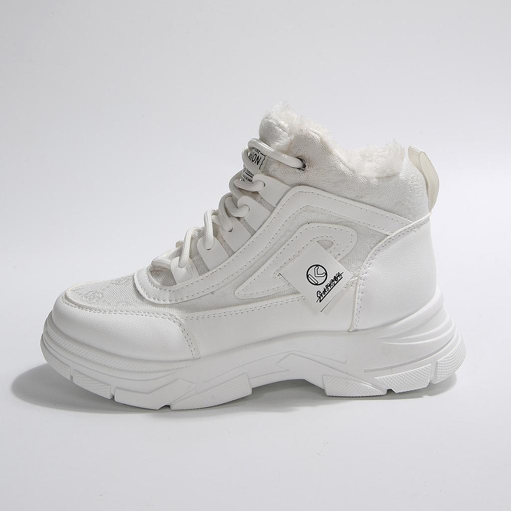 Podzimní a zimní korejská verze sametových kožených sněhulí střední výšky dámské barevně sladěné sametové sportovní bavlněné boty se silnou podrážkou na šněrování