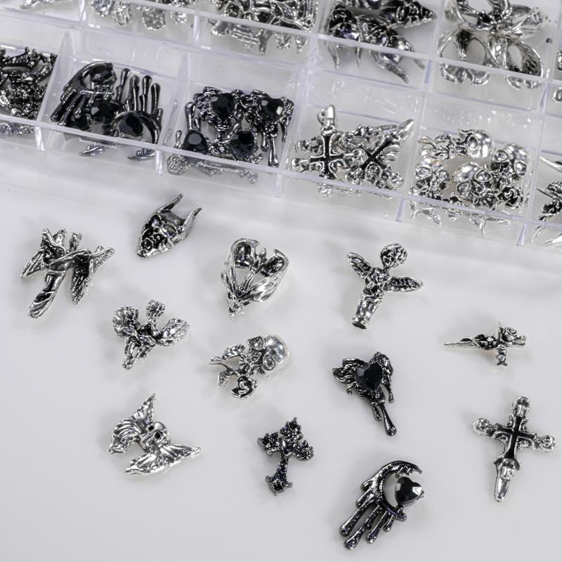 12Grid Vintage Cross Nail Art Charms Y2K Metal Style Alloy Cross Skeleton Angel Nail Decorations Accessories