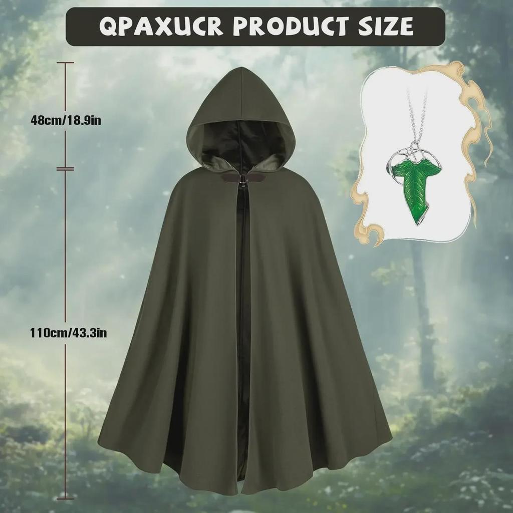 Medieval Hooded Cloak with Round Buckle and Green Leaf Brooch Necklace
