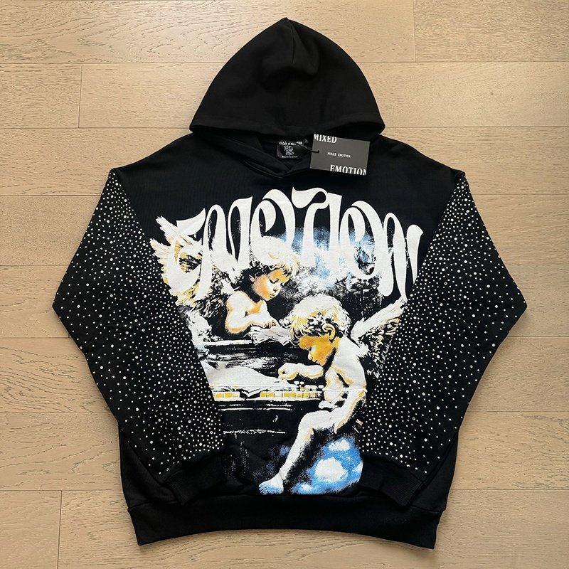 Mixed Emotion Streetwear Angel Print Hoodie Loose Fit Casual Sweatshirt Youth