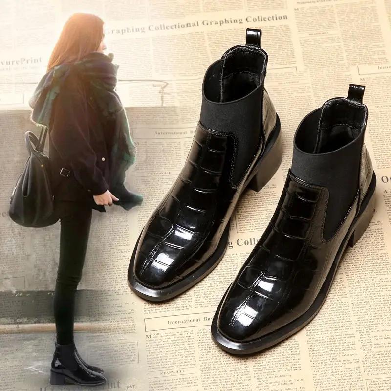 Women Round Toe Block Low Heel Chelsea Boots Black Slip On Patent Leather Ankle Boots Comfortable Non-Slip Shoes