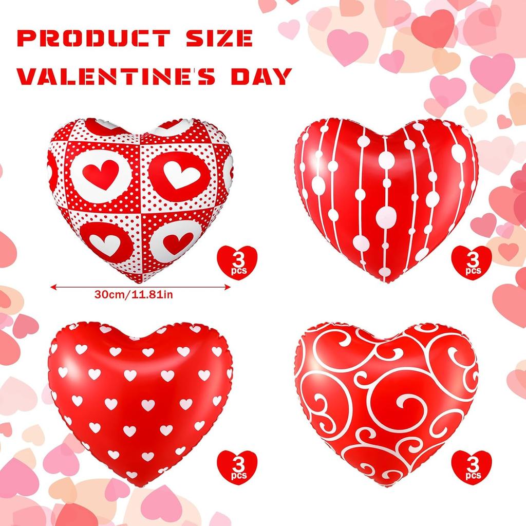 12 Pcs 12 Inch Valentine's Day Inflatable Heart Outdoor Decorations Large Valentine Heart Inflatable Hanging Ornaments PVC Love Outdoor Yard Decor