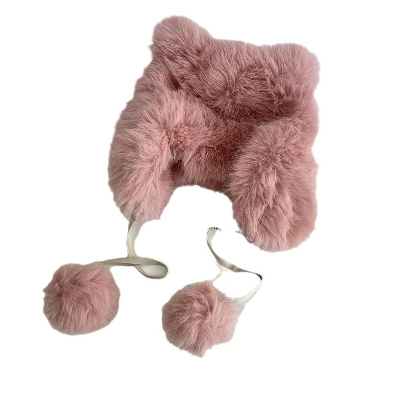 Cute bear-eared Lei Feng hat children's winter warm imitation mink hair ear protection hat cute tail tether hairball plush hat
