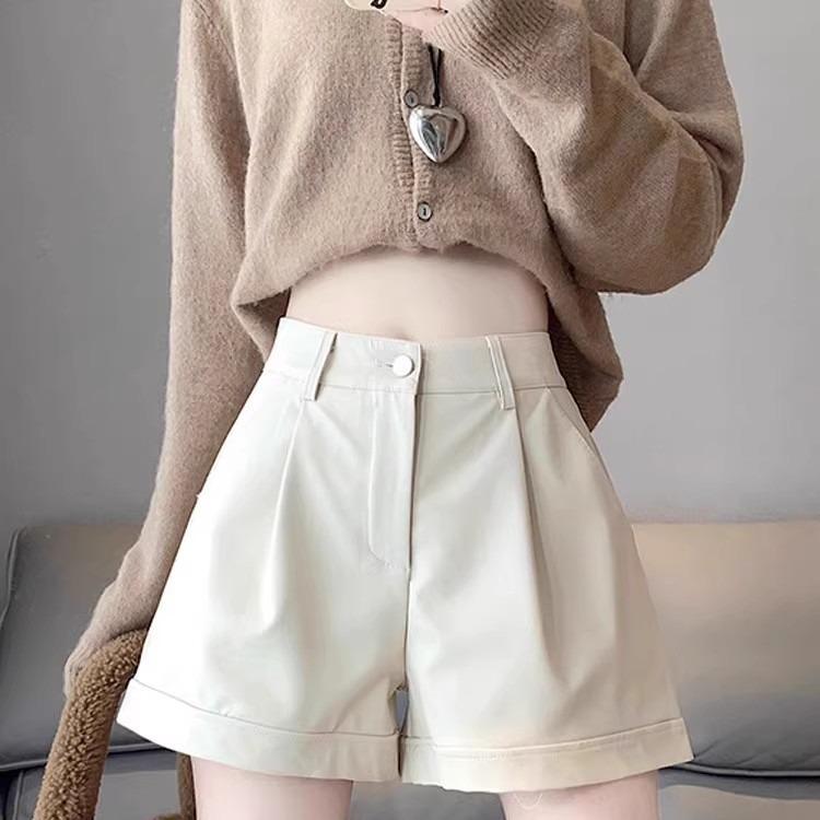 Women's High Waist PU Leather Shorts: Slim, Casual, Wide-Leg Design for Spring, Autumn, and Winter.