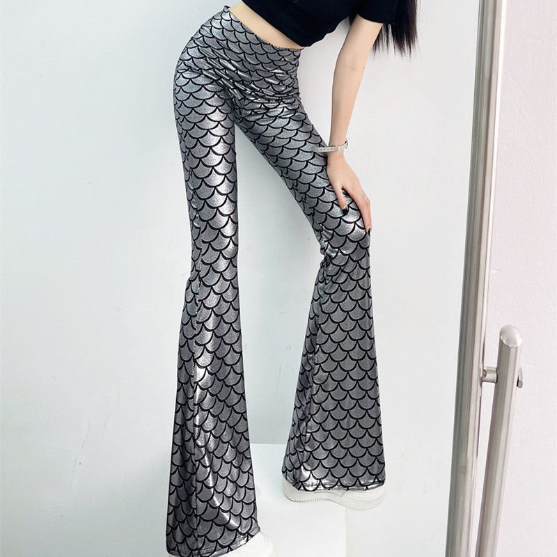 

Fashion Bronzing High Waist Elastic Thin Slim Flare Pants Silver fish scales S/M (40.00 kg-55.00 kg