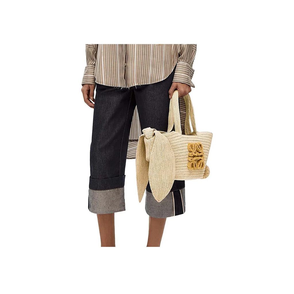 Loewe Logo Wine Palm Fiber And Cowhide Leather Tote Bag Small Women tote bag Natural A223S17X01-2123