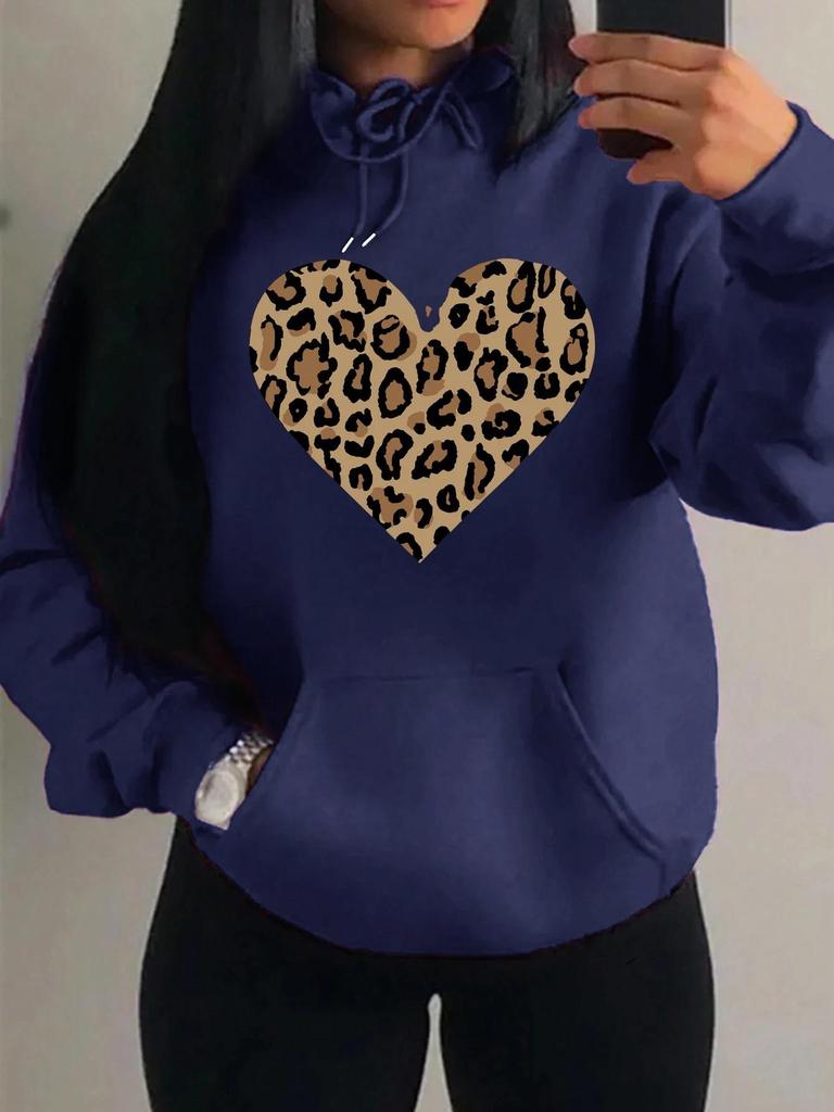 Women's Loose Leopard Heart Print Fleece Hoodie