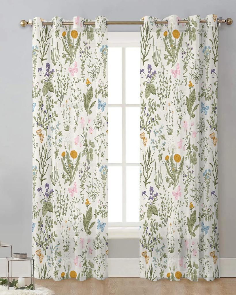 Vintage Herbaceous Floral Butterfly Flower Tulle Curtains Living Room Kitchen Window Decoration Chiffon Voile Sheer Curtain