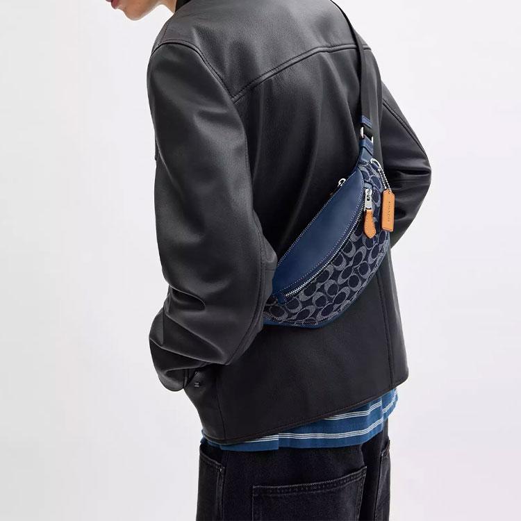 Coach Navy Denim Signature Canvas Belt Bag Fanny Pack With Leather Trim & Silver Hardware For Daily Use & Travel