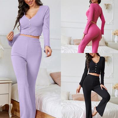 Women Sleepwear Set Casual Long Sleeved V-neck Top with Elastic Pant Autumn Comfortable Solid Color Home Clothes 2-piece PJ Set