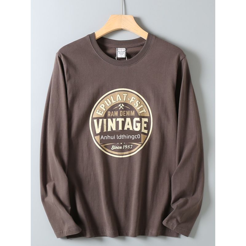 Men's Vintage Printed Washed Cotton T-Shirt with Round Neck and Long Sleeves for Autumn Fashion