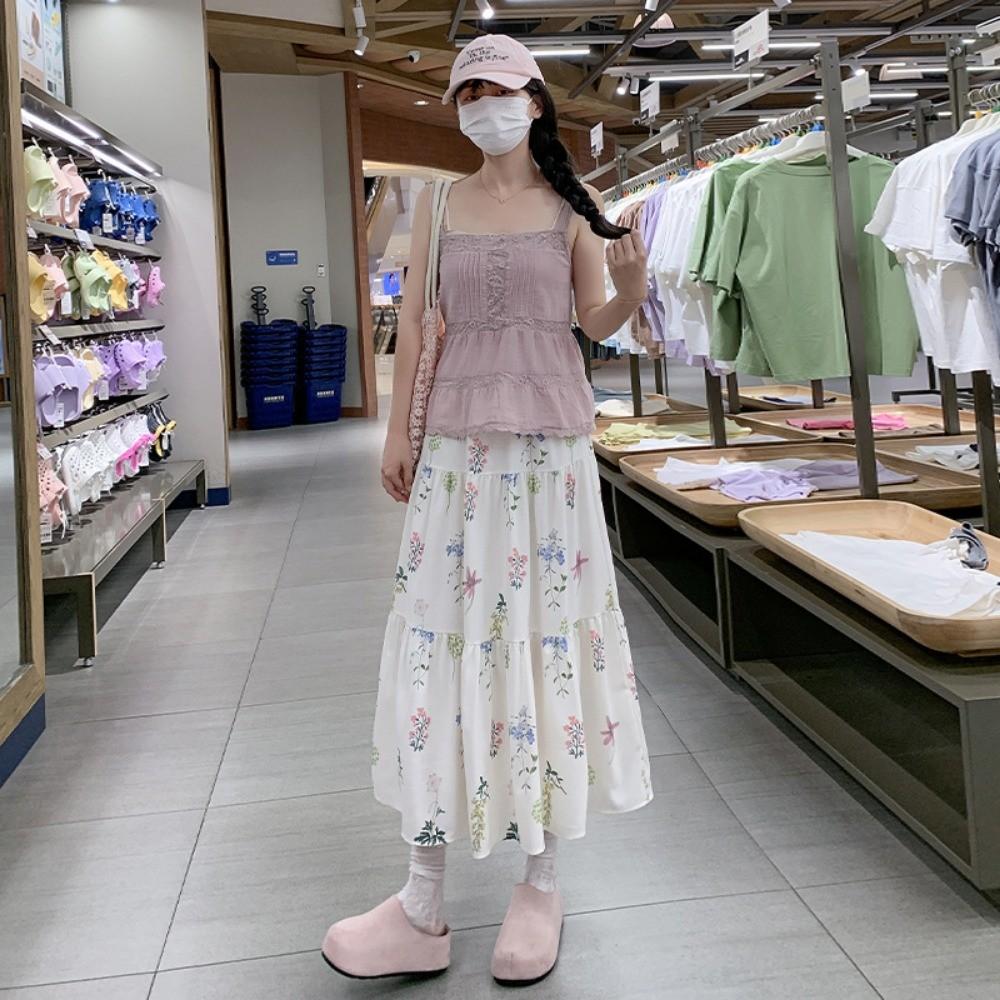 Qooth Elegant Women A-line Floral Ruffle Skirt Wide Hem Mid Length Casual Sweet Skirt QT2622