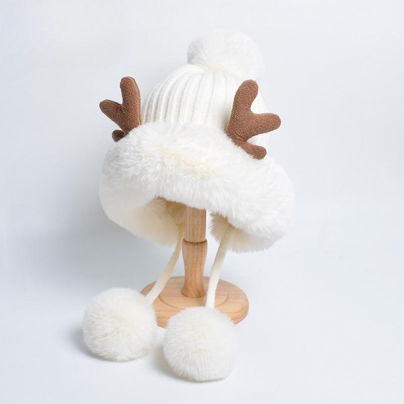 New Antler Knitted Wool Hat Plush Ear Protector Pullover Hat Korean Version Three Hair Ball Thickened Warm Hat Women