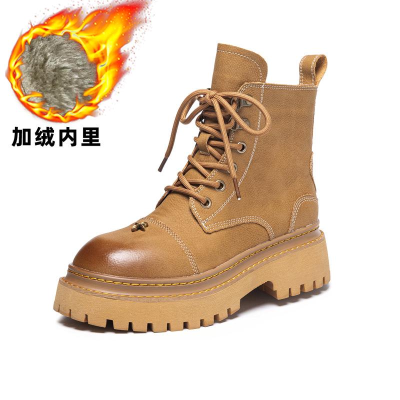 Leather platform Martin boots women's new British style cowhide 2025 spring and autumn single boots locomotive versatile velvet women's short boots