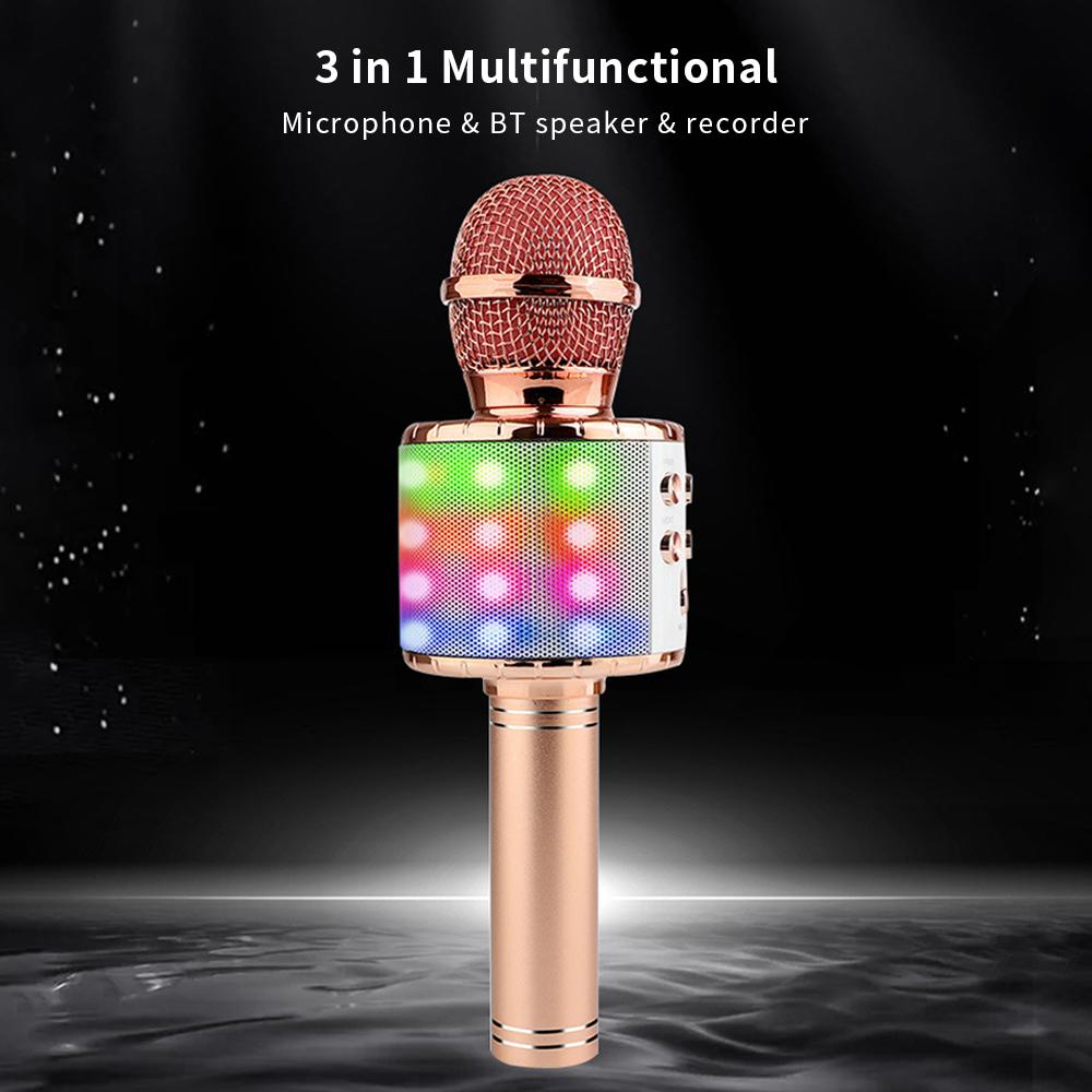 Tragbares kabelloses BT-Mikrofon mit steuerbaren LED-Lichtern 3-in-1 Multifunktionale Handheld-KTV-Mikrofon-Lautsprechermaschine Geschenke für Kinder Singspielzeug