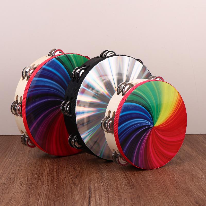 8/10 In Wooden Tambourine Handbell Hand Drum W/ Double Row Jingles Laser/Rainbow Drum Head Musical Percussion Instrument