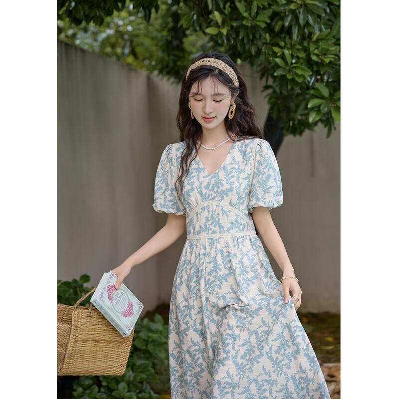 Mishow Women s Blue Floral French Style Maxi Dress S