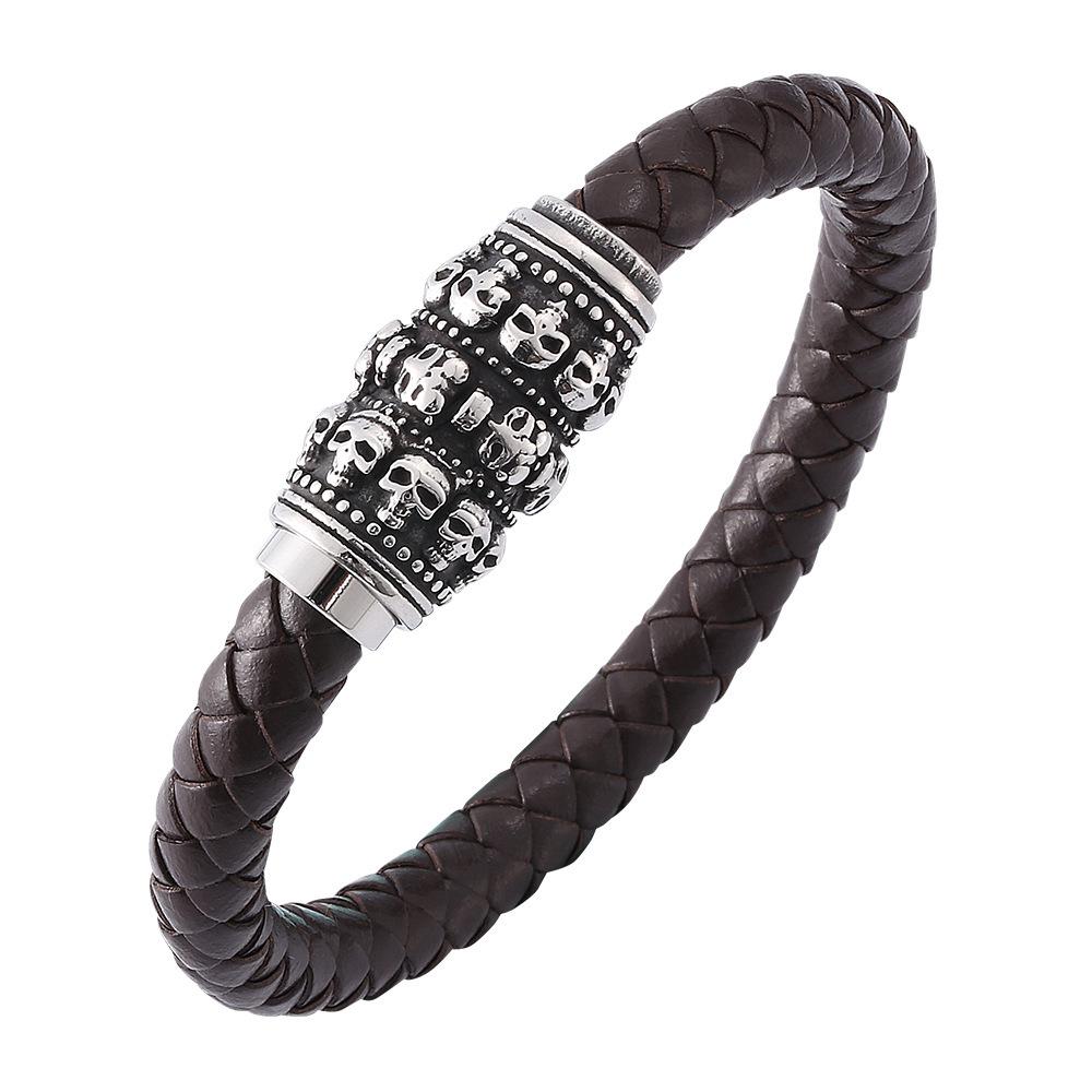 Men s Retro Skull Leather Bracelet with Magnetic Buckle Custom Size (Non-refundable)