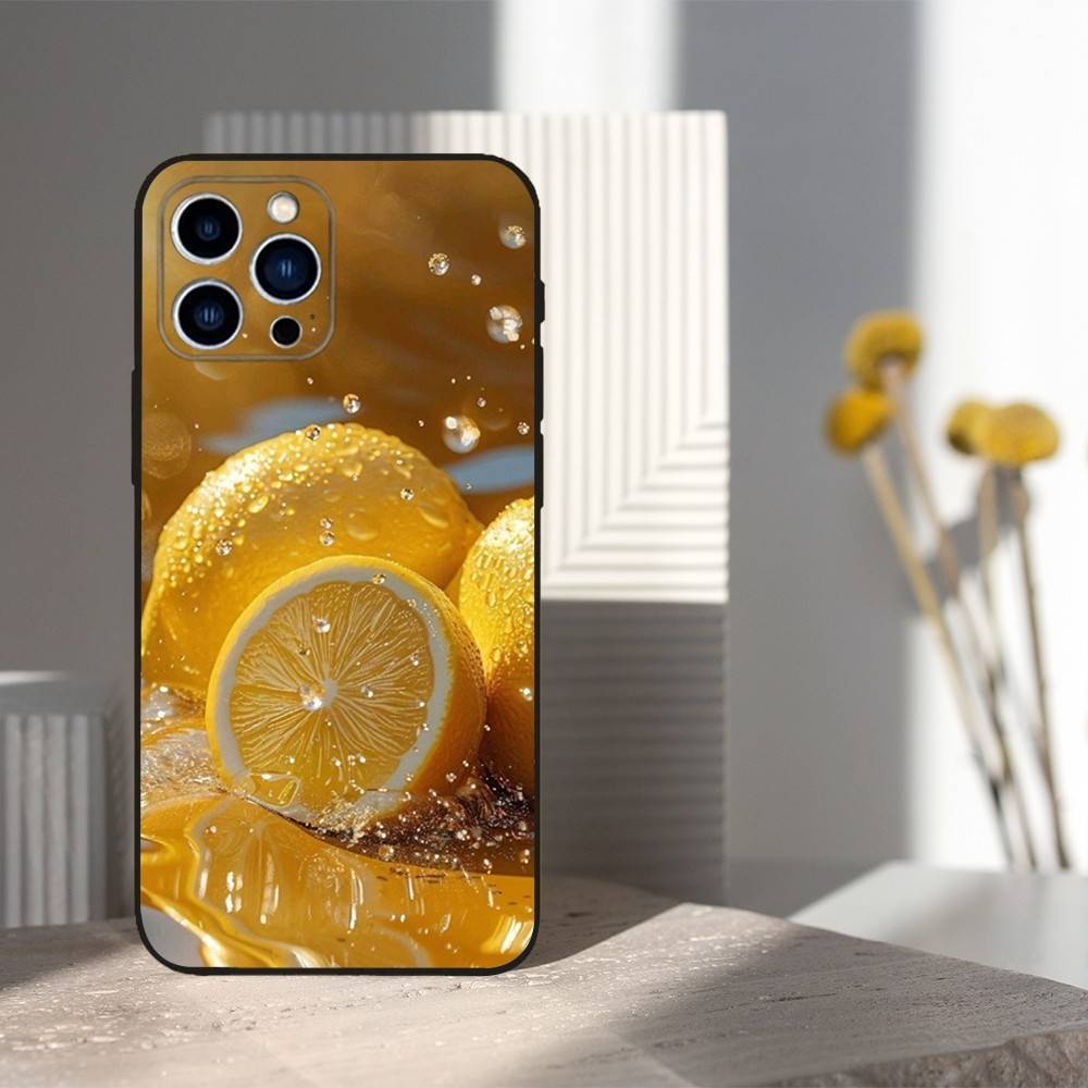 Fruit Art lemon Phone Case For iPhone 15,14,13,17,16,12,11,Plus,Pro Max,XS,X,Mini,8,7,XR,SE,Soft Silicone Black