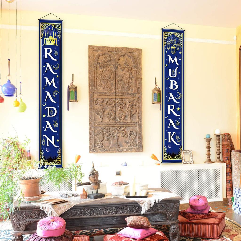 Blulu Ramadan Mubarak Door Banner Ramadan Porch Sign Banner Eid Mubarak Decoration Muslim Hanging Door Decoration for Indoor Outdoor Decor Eid