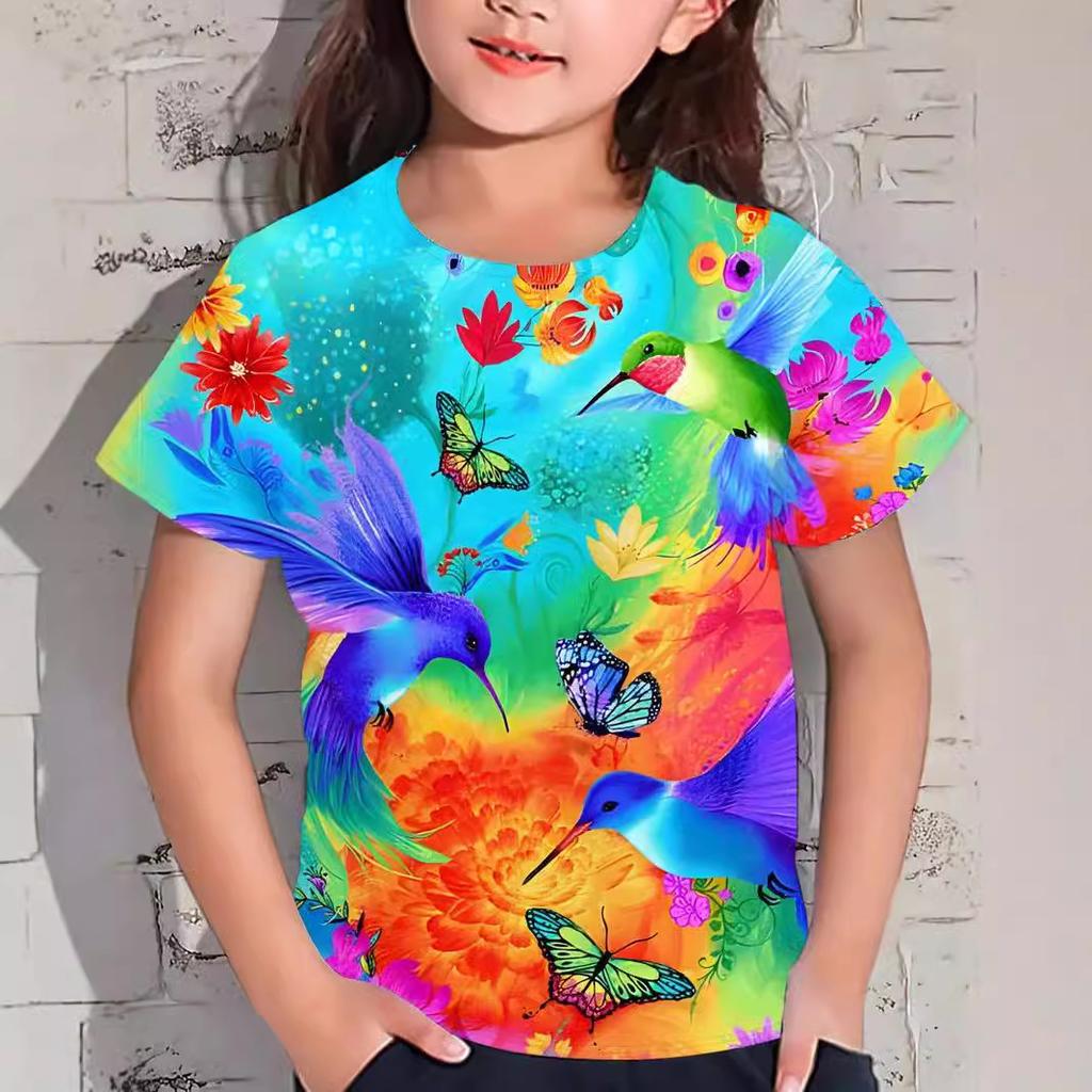 Summer Round Neck 3D Butterfly Pattern Printed Top Fashionable Casual Short Sleeved Children's Girl T-shirts