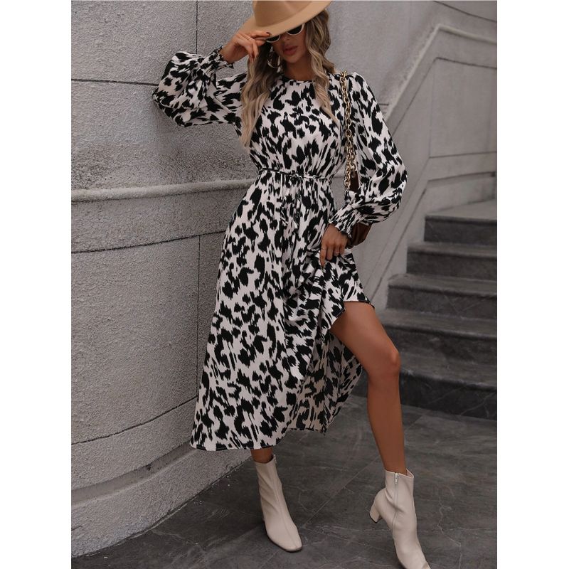 Cross-Border Spring & Fall New Round Neck Leopard Print Print Shoelace Tight Waist A- Line Lantern Long Sleeve Mid Length Long Length Dress Dress