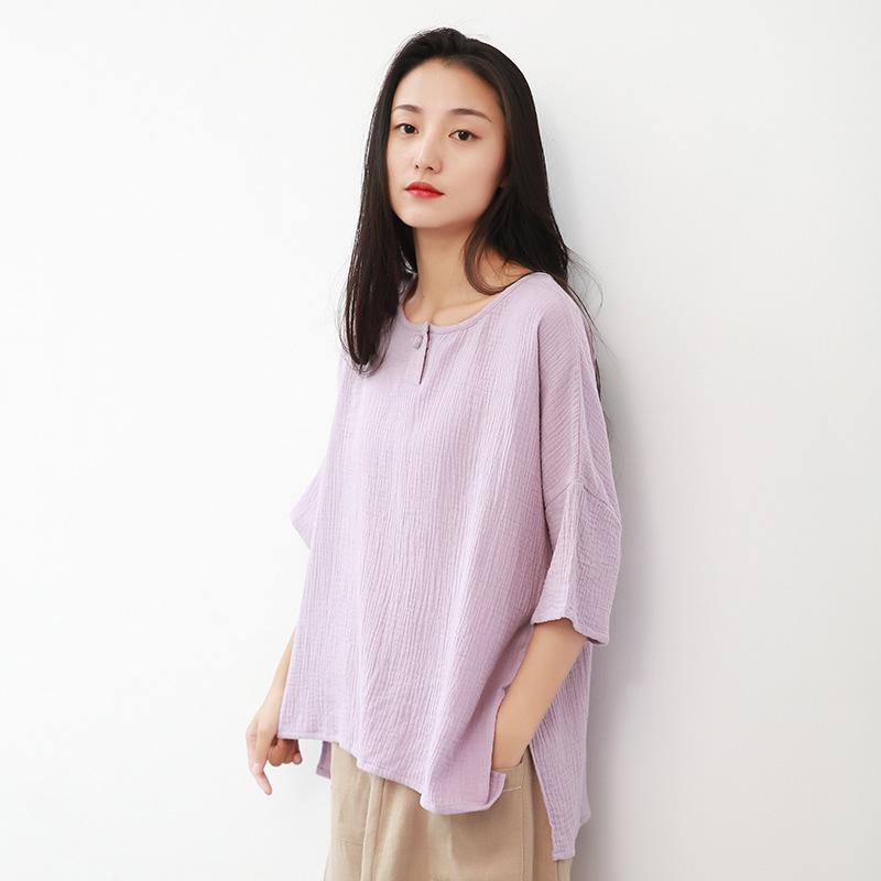 

2019 Women s Literary Double-Layer Cotton and Linen Short-Sleeve Round Neck Loose T-Shirt - Solid Color Summer Top One Size