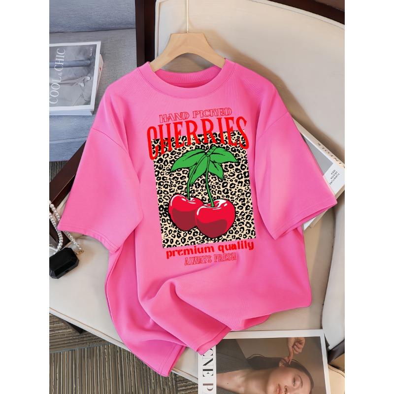 Handpicked Cherries Always Fresh Print T-Shirt Women's Casual Cotton Round-Neck T-Shirt Summer Loose-Fit Clothing
