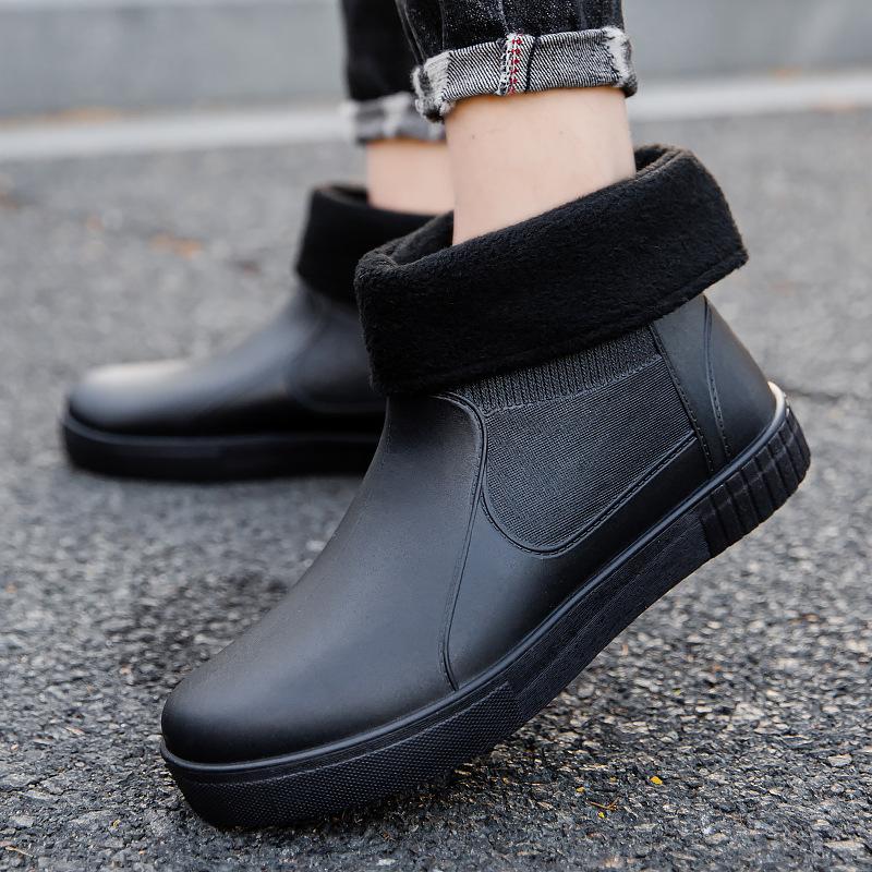 Fashion rain shoes men's short tube adult non-slip water shoes student rain boots fleece thermal rubber shoes work rubber shoes overshoes