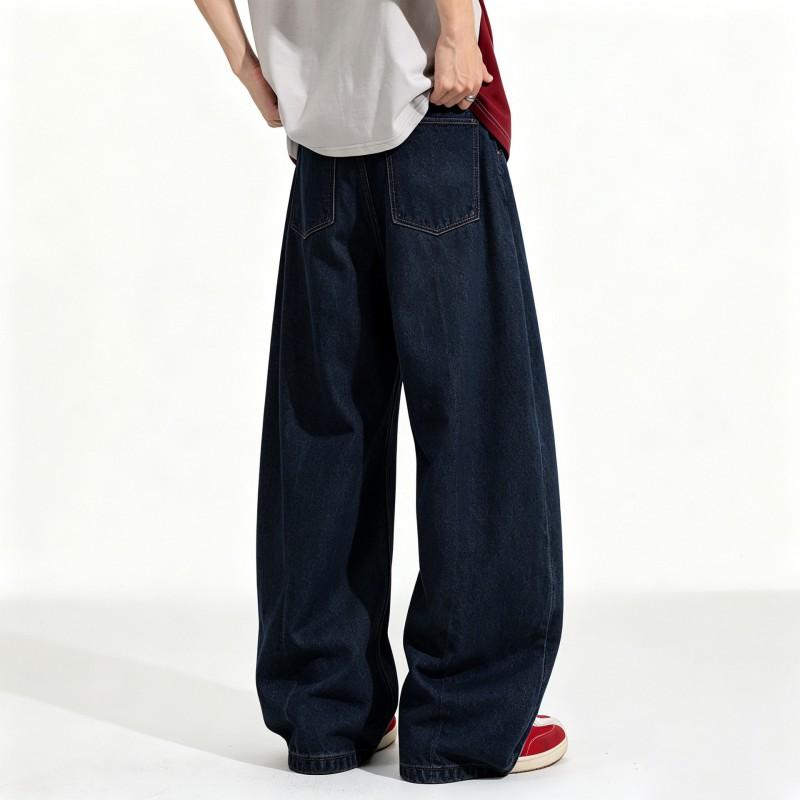 Men Women Straight Cut Denim Pants Deep Blue Washed Cotton Low Rise Casual Trousers