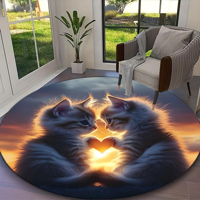 Black Cat Rug Ideal for Reading Room, Multi-purpose Office Chair Sofa Carpet, Anti-slip Printed Home Round Rug