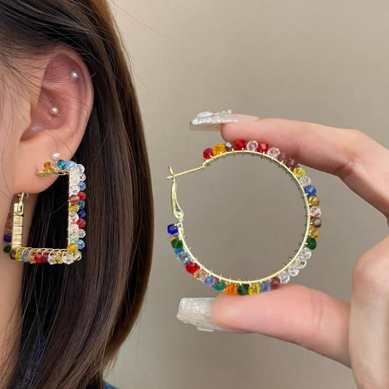 European Design Handcrafted Colorful Crystal Hoop Earrings for Women - Elegant, Trendy, and Versatile Ear Jewelry