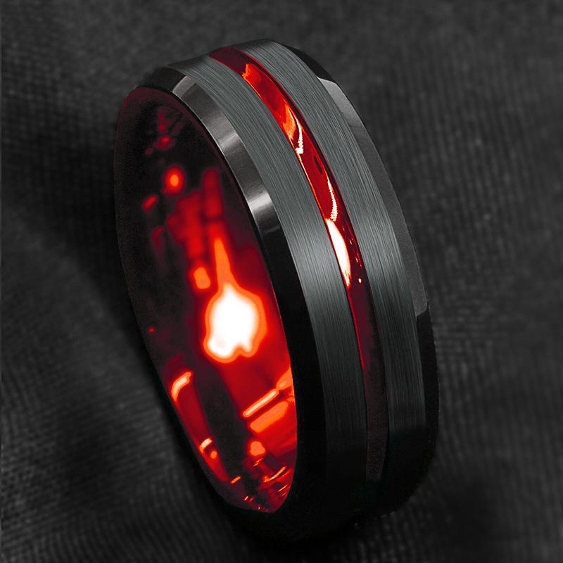 Fashion 8mm Red Groove Beveled Edge Black Tungsten Wedding Ring For Men Black Brushed Steel Engagement Ring Men's Wedding Band
