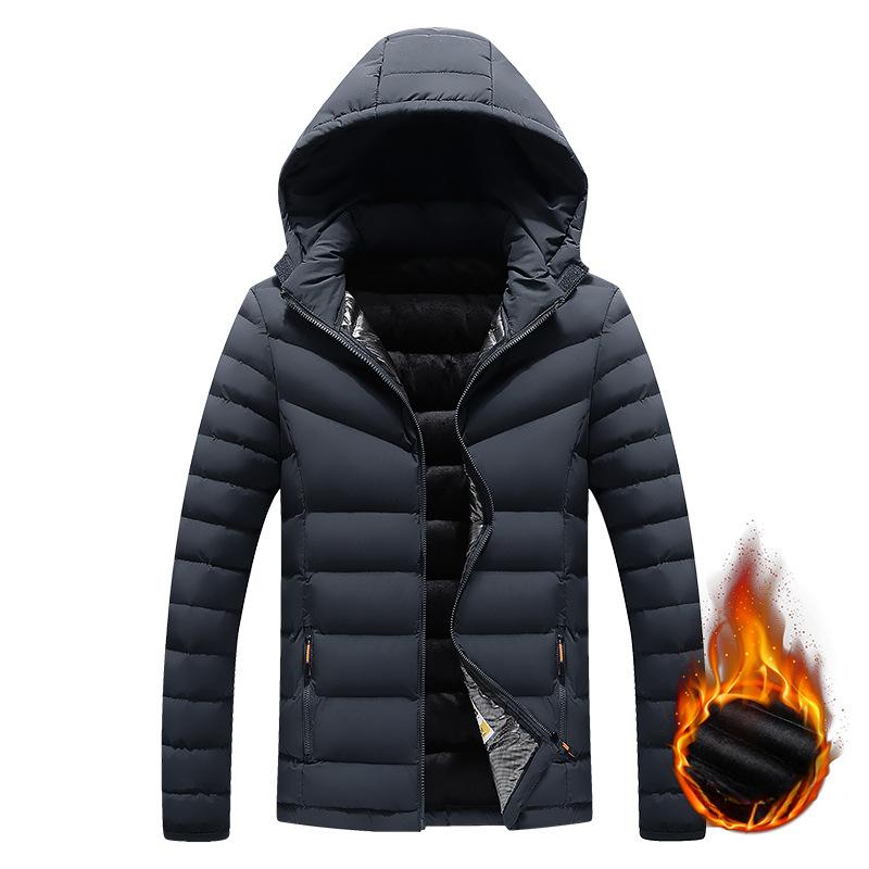Rib Clothing Cotton Jacket Men's Winter Solid Color Slim Fit Removable Hat Trendy Plush Thickened Top Jacket Men
