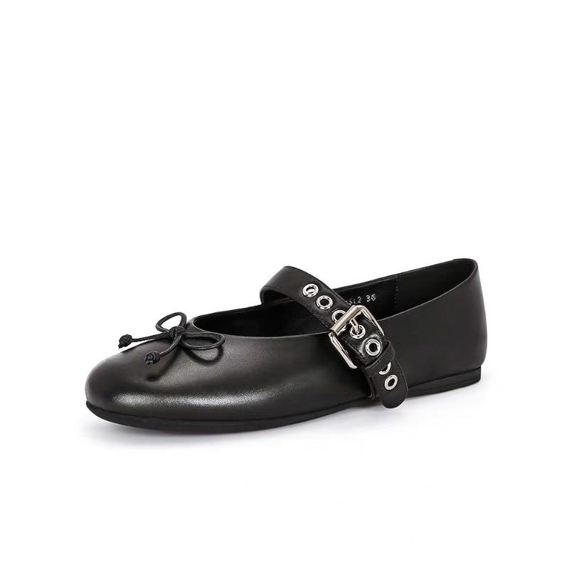 Cowhide~ Shoes Ballet Shoes Women's Bow Light Mouth Versatile Flat Shoes Temperament Commuter Mary Jane Shoes