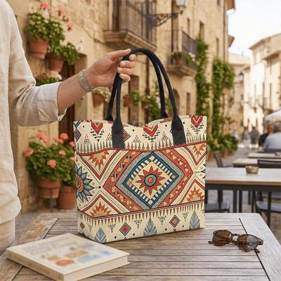 Bohemian Geometric Pattern Tote Bag Large Capacity Casual Shoulder Handbag for Daily Use