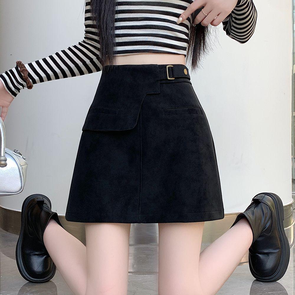 

Women s Deerskin A-line Midi Skirt - Autumn/Winter, Versatile High-Design, Slimming Waist, Bodycon Fit. S чёрный