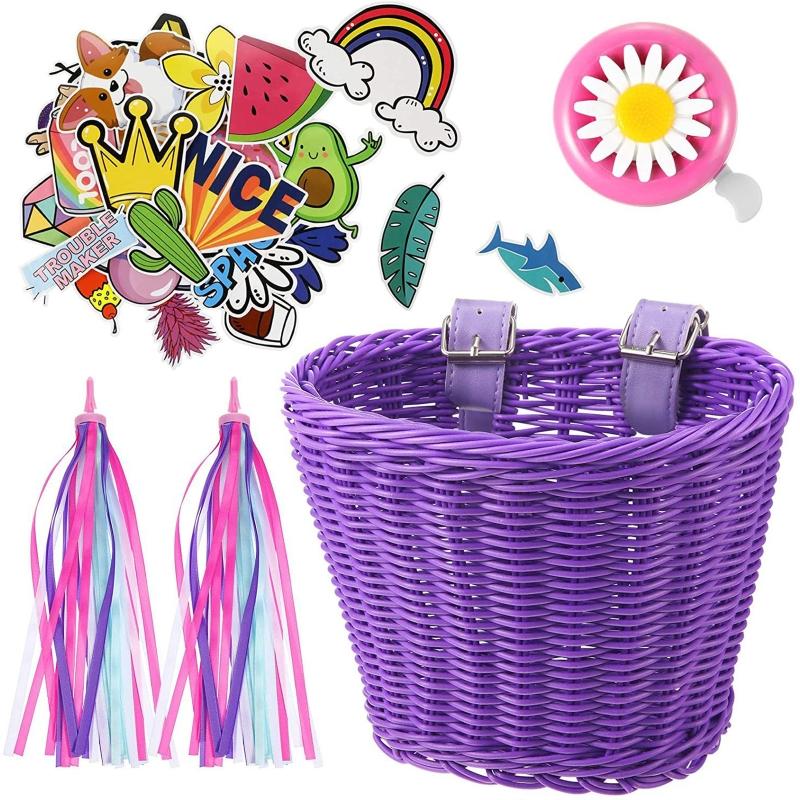 Kids Bike for Banner Set, Bicycle Handlebar Wicker Basket with Colors and Bike Bells and Decals, Boys Girls Bike Decorat