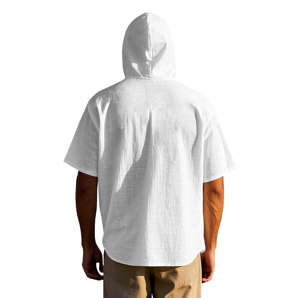 Summer Men's Lightweight Breathable Linen Loose-Fit Hooded Short-Sleeved Shirt