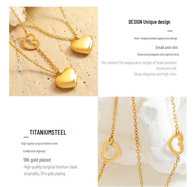 Blogger's Double Peach Heart Necklace: 18K Gold-Plated Titanium Steel Clavicle Chain P221