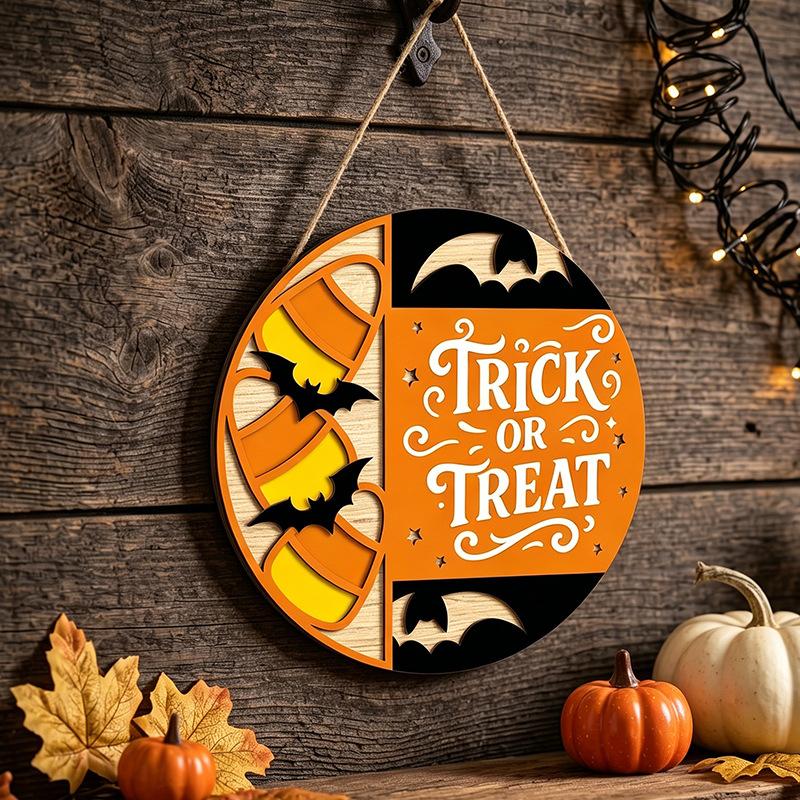Halloween Wooden Signboard Bat Hollow Wall Hanging Living Room Festive Wall Decoration Woodcraft Hanging