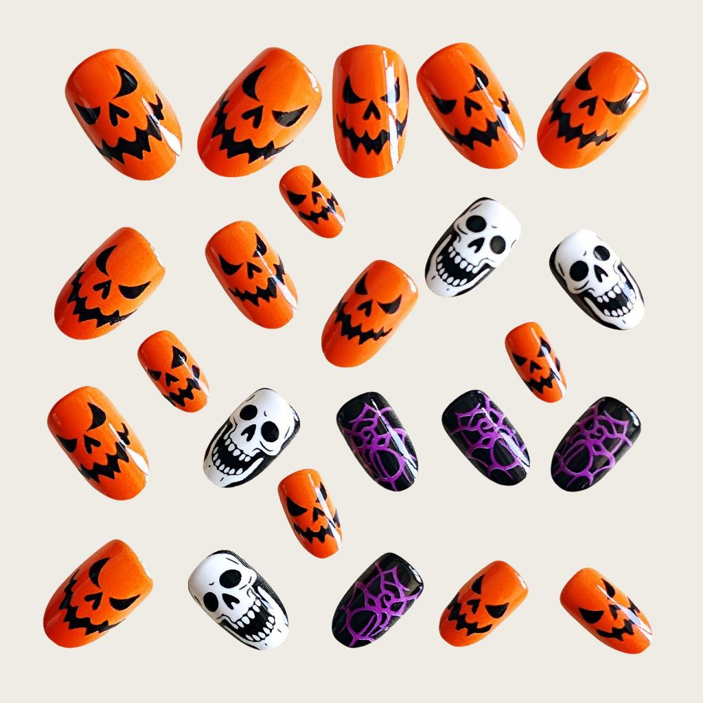 Halloween Pumpkin Skull Wearing Nails Fake Nails Spider Web Nail Art Dark Style