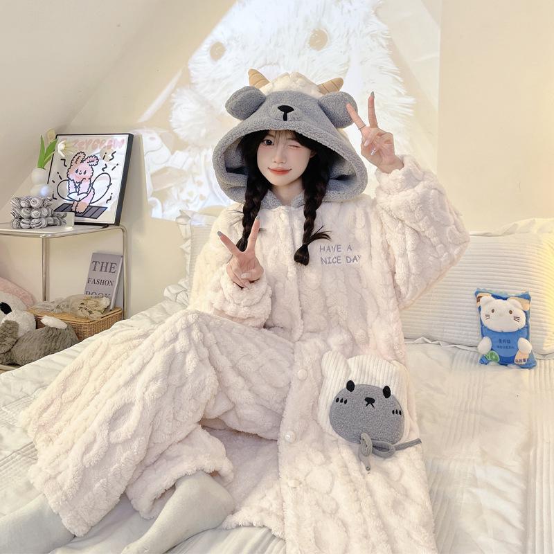 Women's Winter Plus Velvet Coral Fleece Nightgown - Cute Thick Flannel Home Wear