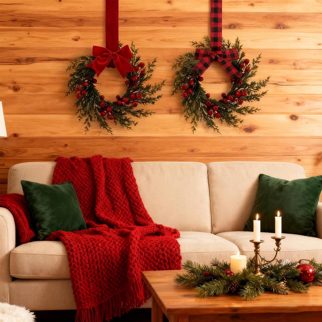 Artificial Christmas Wreath 10 Inch Winter Greenery Wreath with Red Berries And Velvet Bow Front Door Holiday Porch Wall Decor